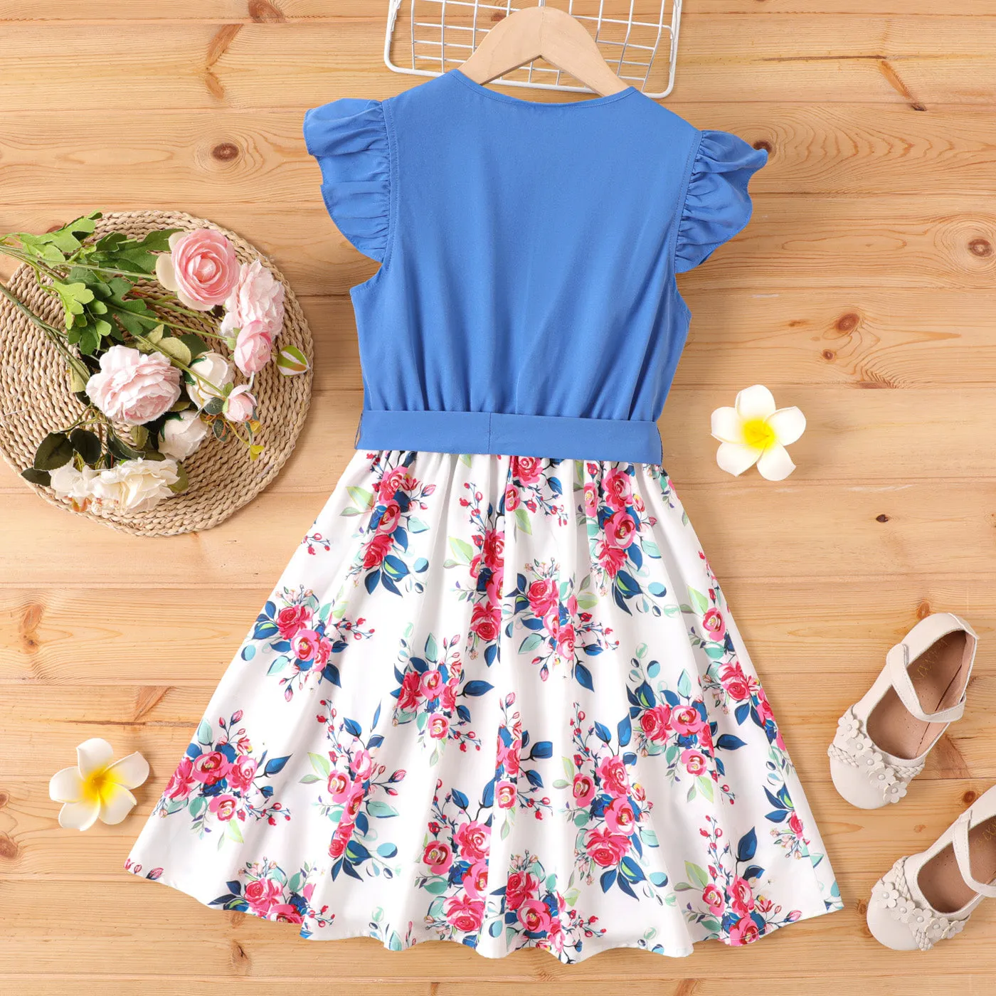 Kid Girl Ruffled Floral Print Splice Belted Flutter-sleeve Dress
