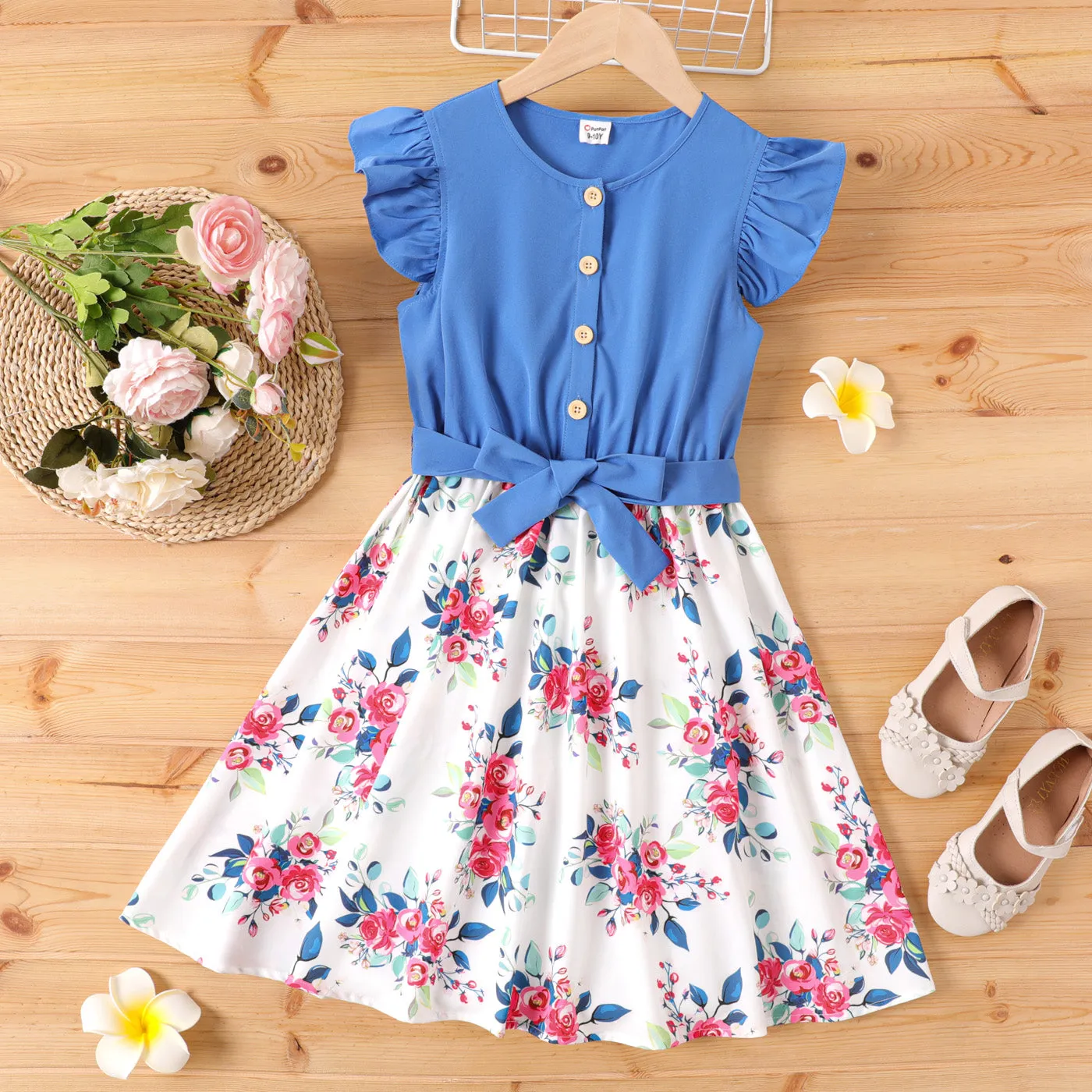 Kid Girl Ruffled Floral Print Splice Belted Flutter-sleeve Dress