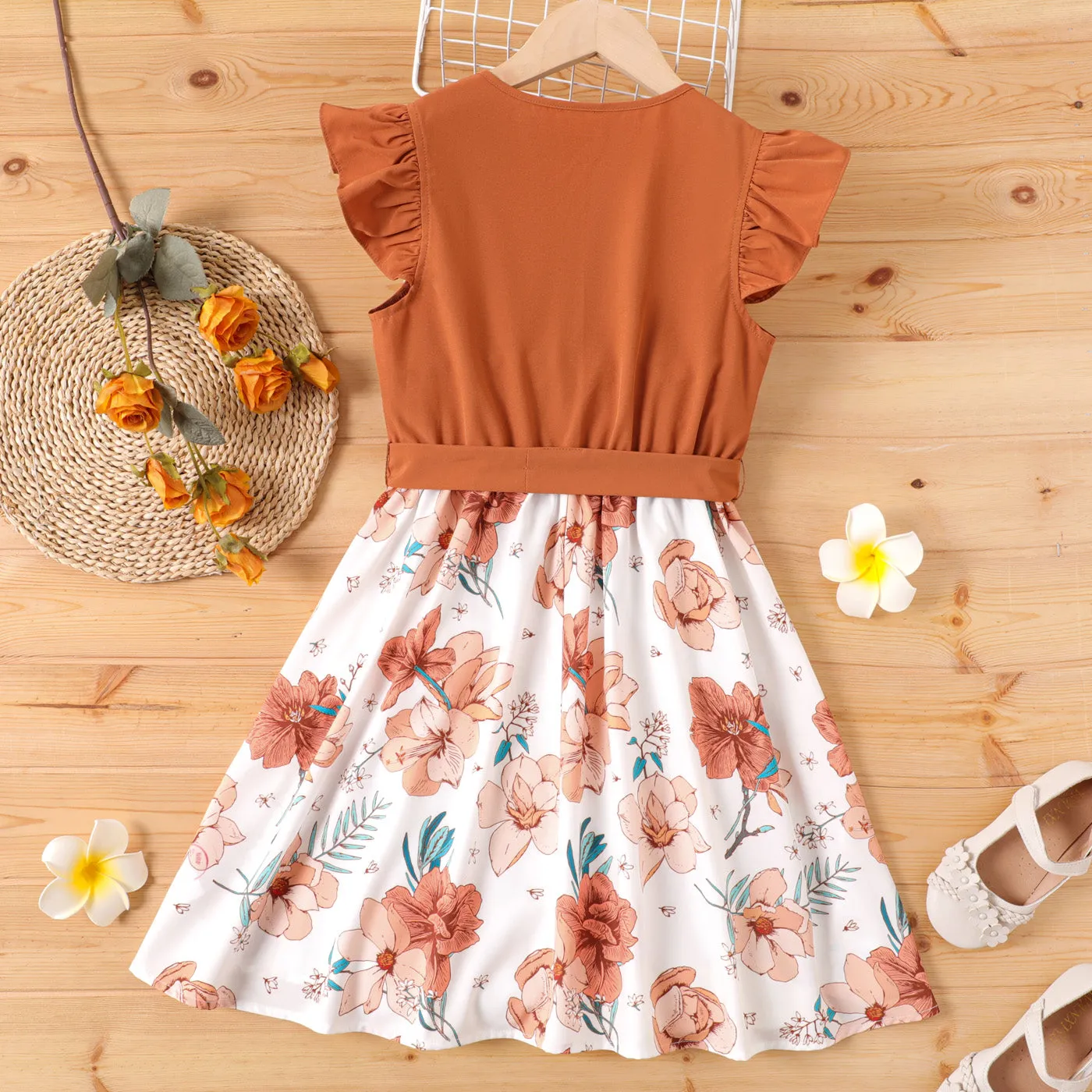 Kid Girl Ruffled Floral Print Splice Belted Flutter-sleeve Dress
