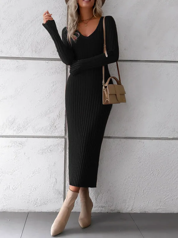 Knitwear V-Neck Ribbed Sweater Maxi Dress