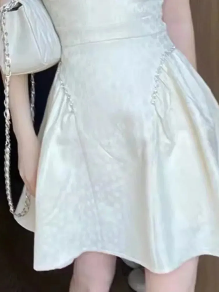 LANFUBEISI Vintage Diamond Square Neck Printed Waist Wrapped Dress Elegant White Bubble Sleeves Dresses Women 2024 Spring Summer
