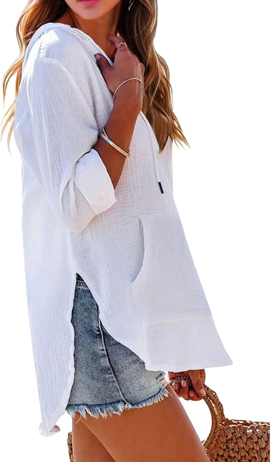 Linen T Shirts for Women Lightweight Breathable V Neck Long Sleeve Tops Summer Casual Cover Up Hoodied Sweatshirts