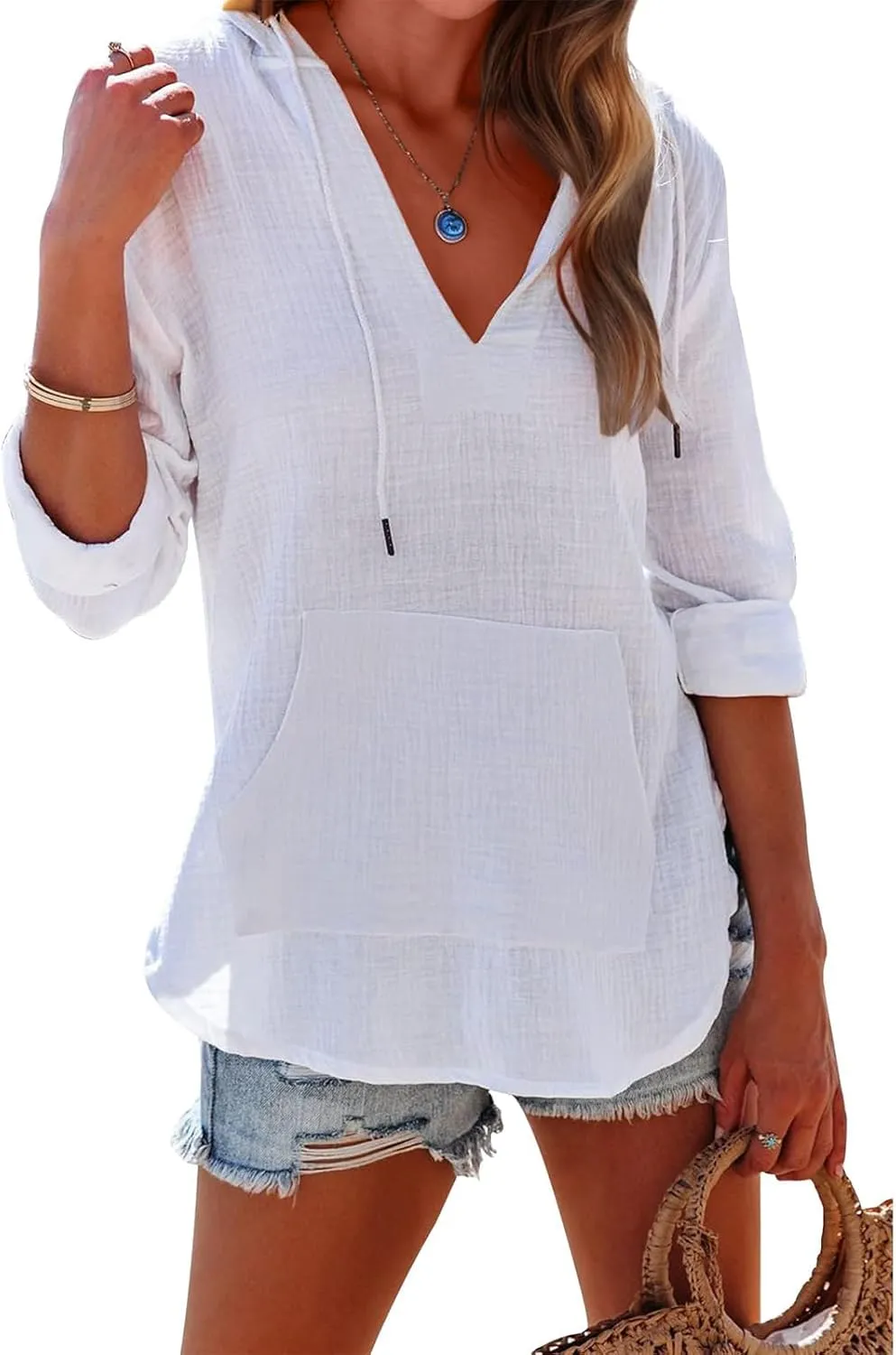 Linen T Shirts for Women Lightweight Breathable V Neck Long Sleeve Tops Summer Casual Cover Up Hoodied Sweatshirts
