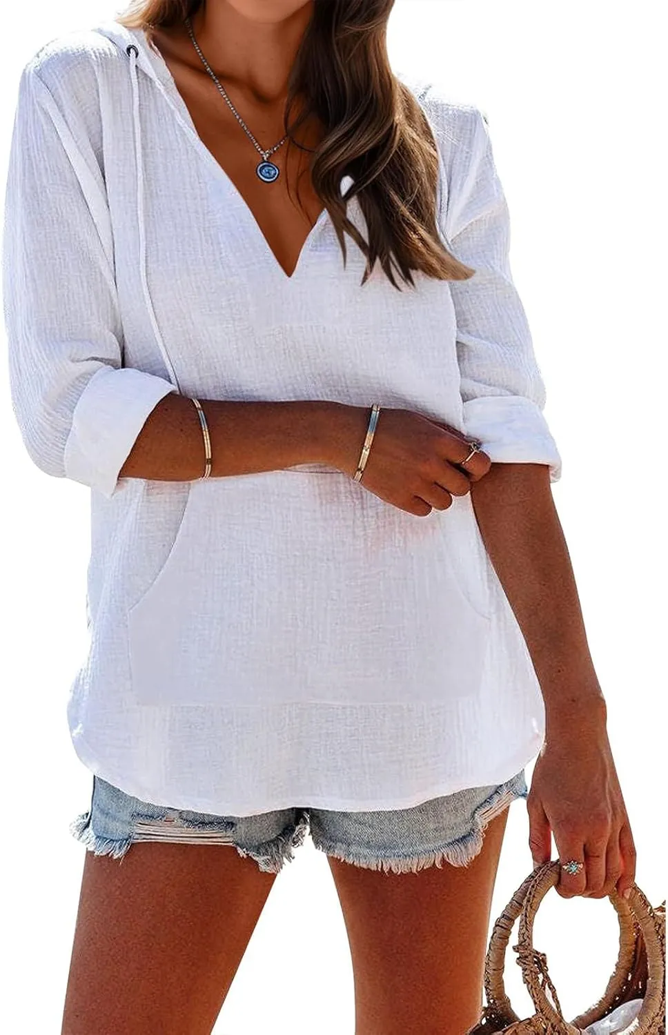 Linen T Shirts for Women Lightweight Breathable V Neck Long Sleeve Tops Summer Casual Cover Up Hoodied Sweatshirts