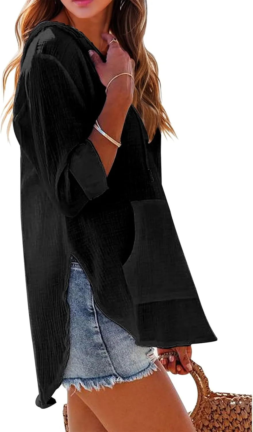 Linen T Shirts for Women Lightweight Breathable V Neck Long Sleeve Tops Summer Casual Cover Up Hoodied Sweatshirts