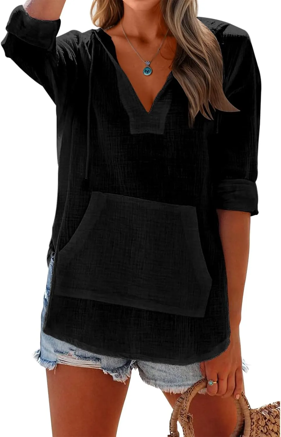 Linen T Shirts for Women Lightweight Breathable V Neck Long Sleeve Tops Summer Casual Cover Up Hoodied Sweatshirts