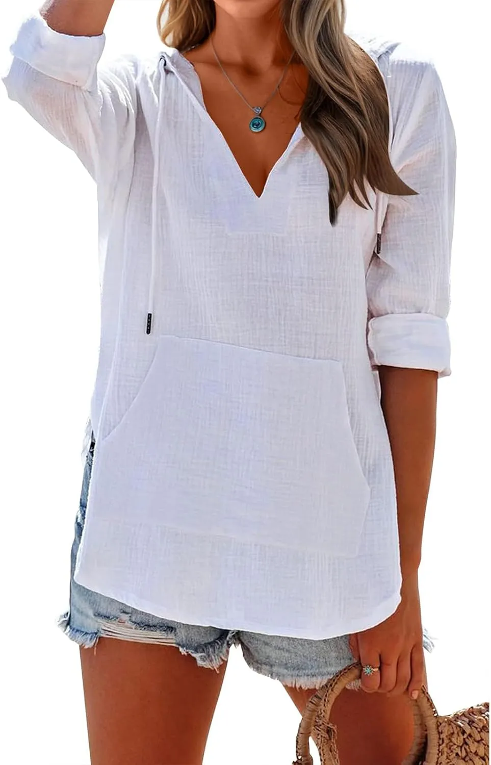 Linen T Shirts for Women Lightweight Breathable V Neck Long Sleeve Tops Summer Casual Cover Up Hoodied Sweatshirts