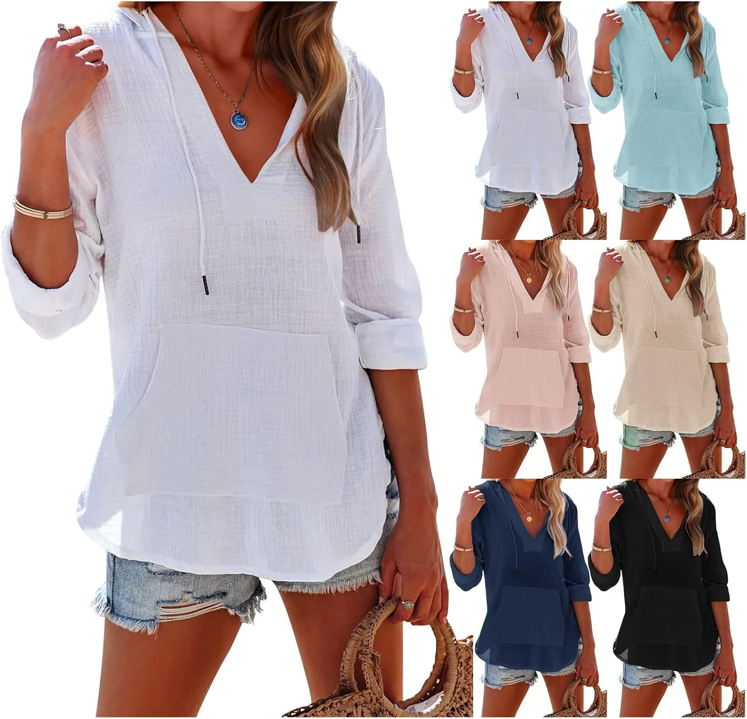 Linen T Shirts for Women Lightweight Breathable V Neck Long Sleeve Tops Summer Casual Cover Up Hoodied Sweatshirts