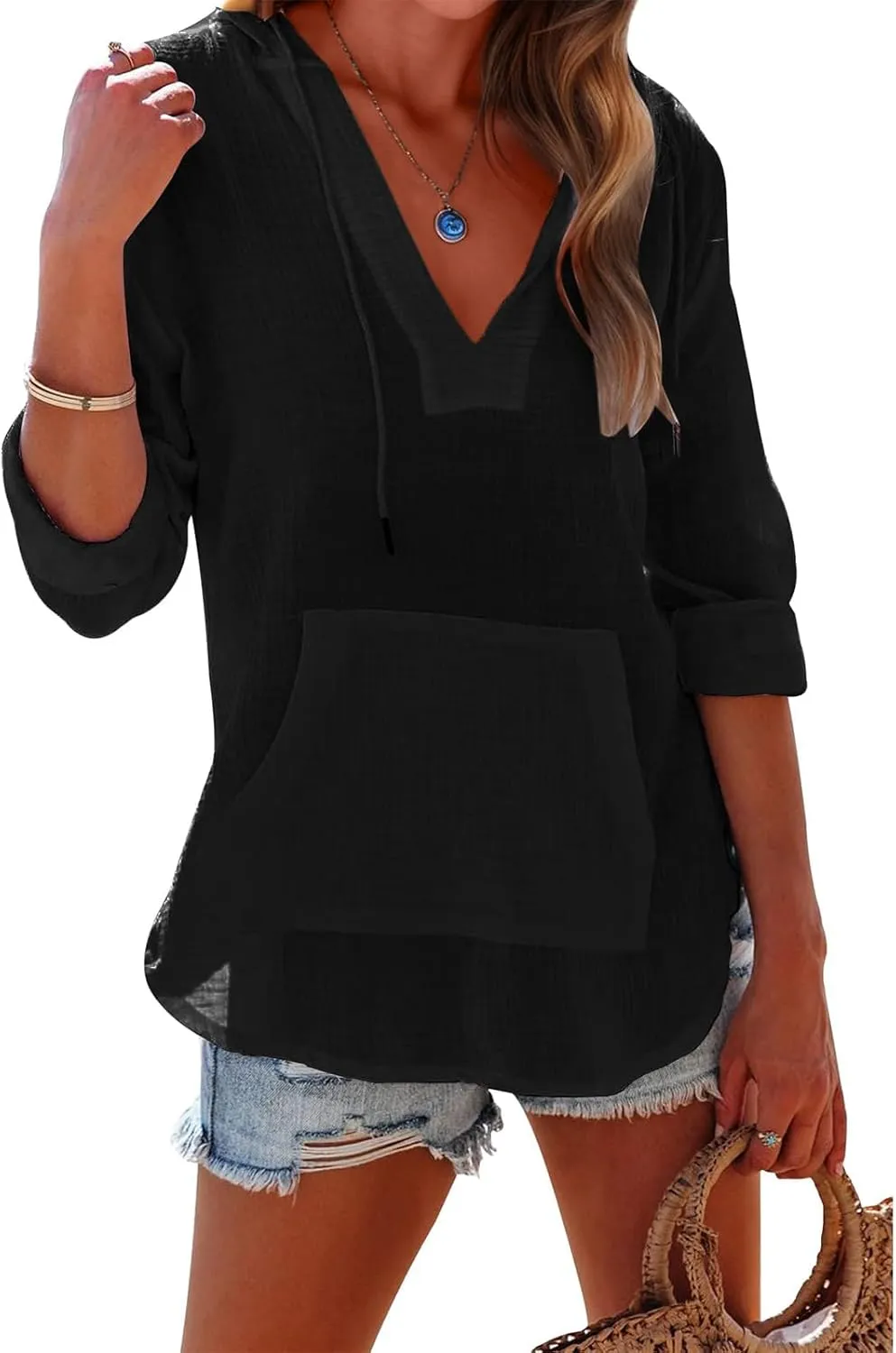 Linen T Shirts for Women Lightweight Breathable V Neck Long Sleeve Tops Summer Casual Cover Up Hoodied Sweatshirts