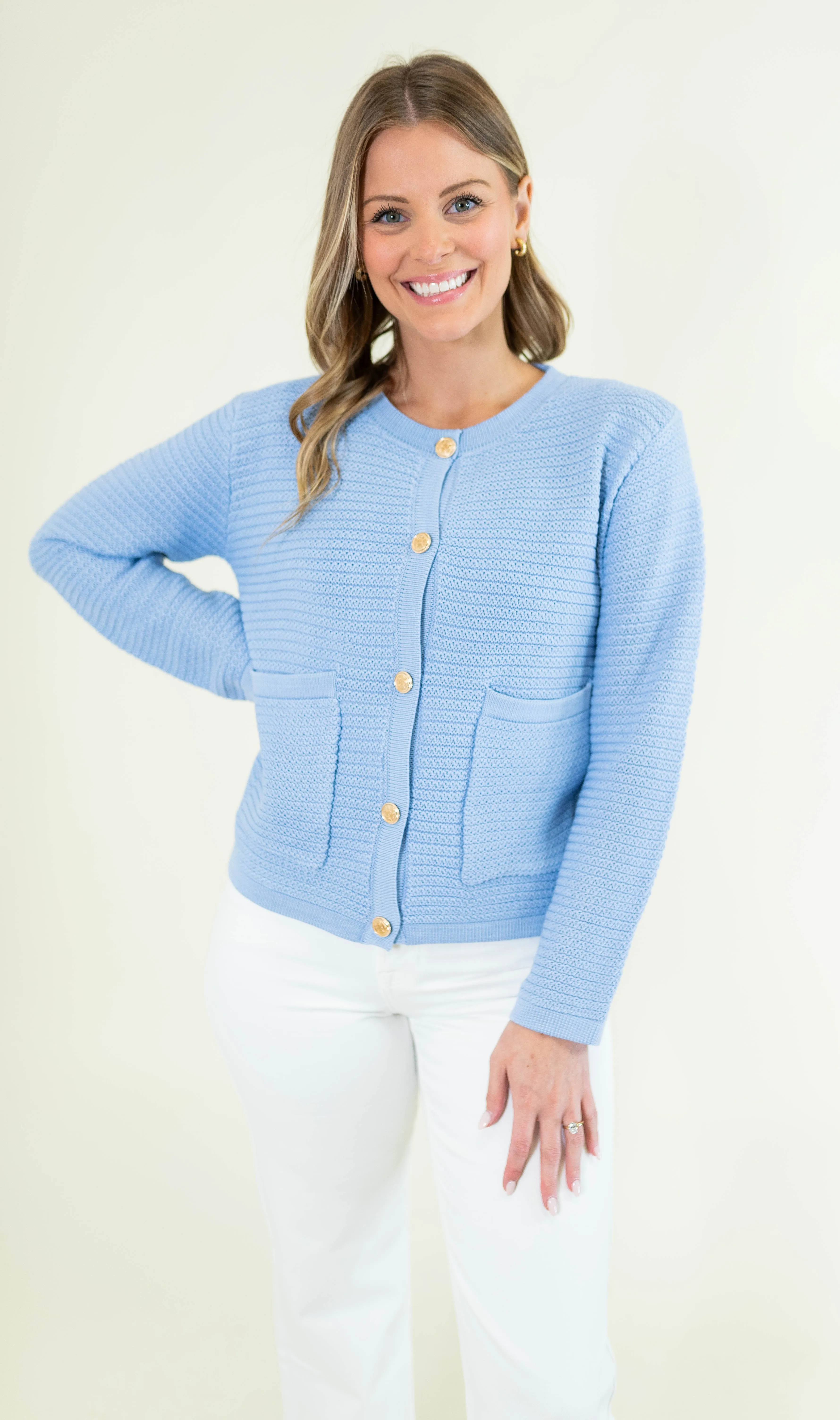 Long Sleeve Knit Cardigan with Gold Buttons