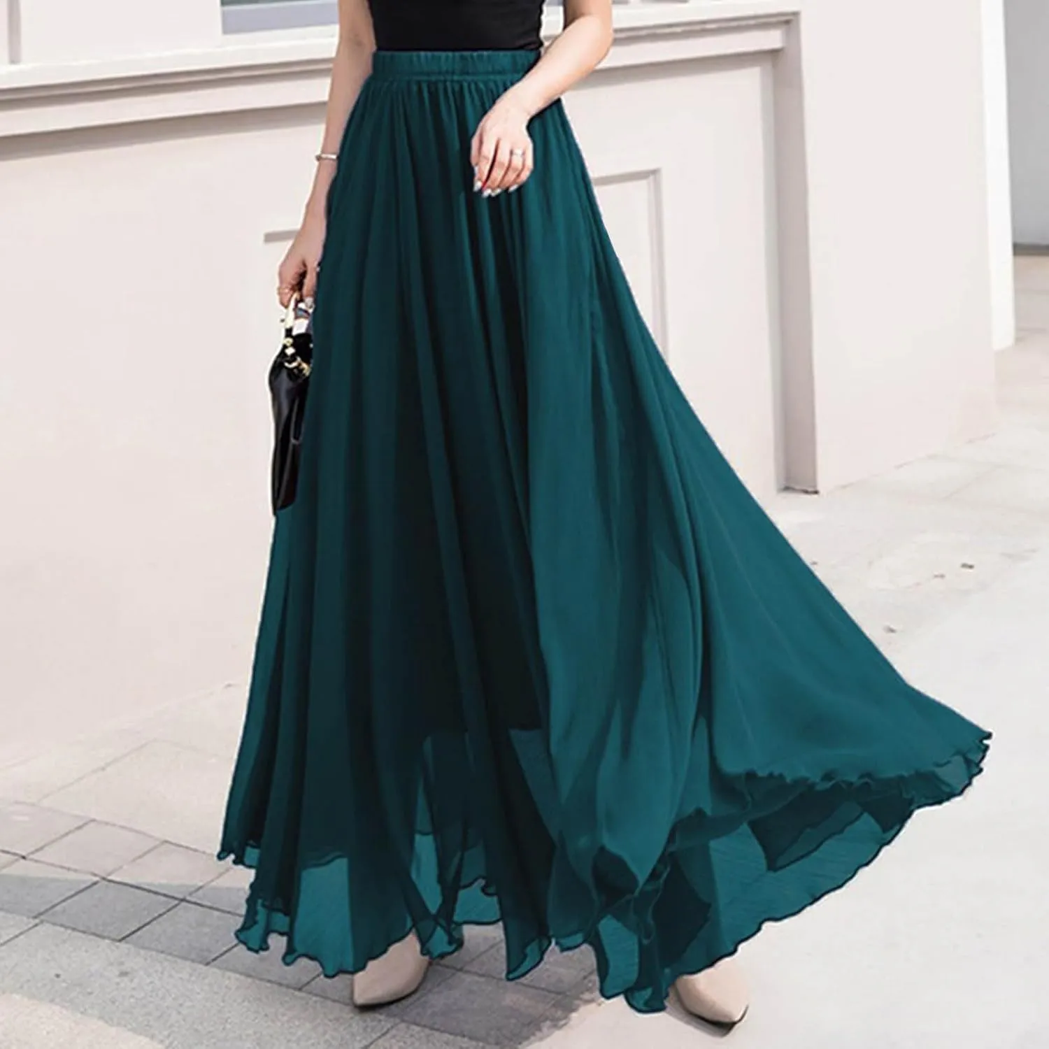 Maxi Skirts for Women Flowy Summer Skirt Elastic Waist Long Skirt Ankle Length Skirt Pleated Beach Skirt A Line Skirt