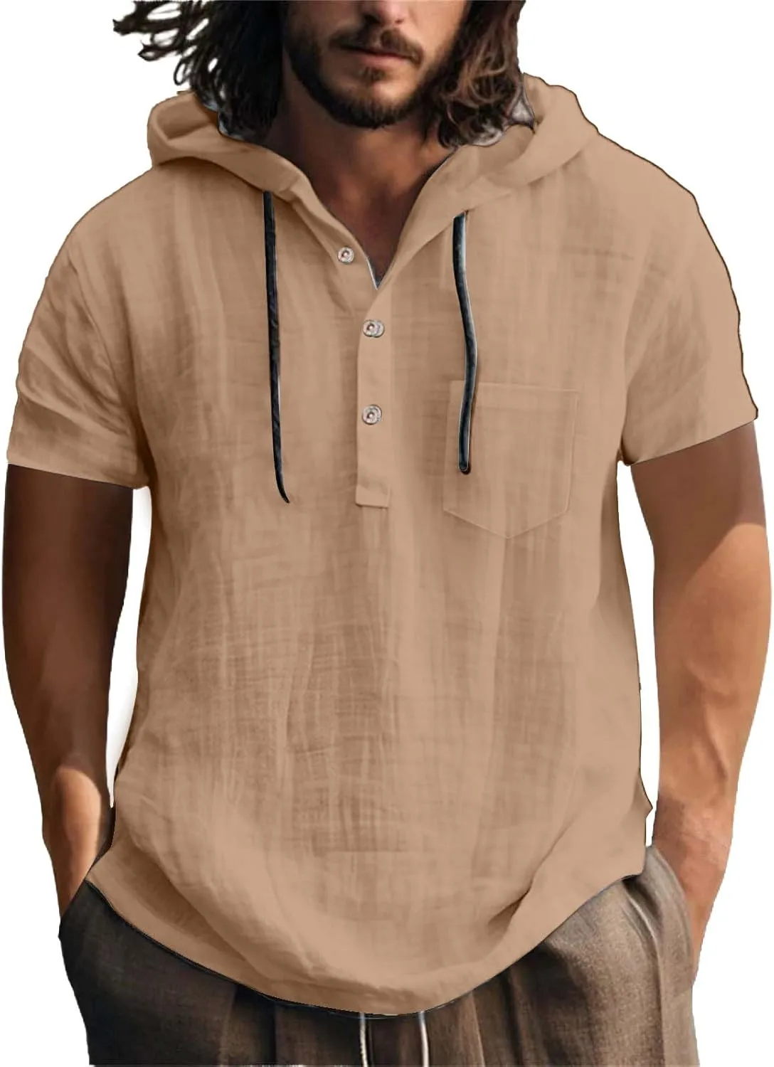 Men's Cotton Linen Hoodies Shirts Short Sleeve Casual Lace Up Hooded Shirt Breathable Quick Dry Beach Hippie Tee Top