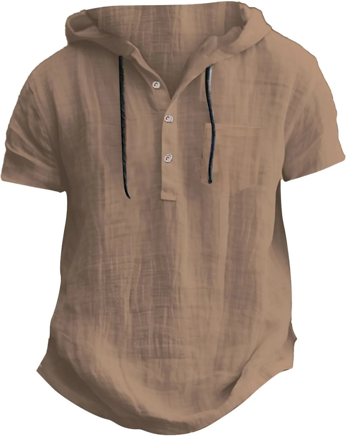 Men's Cotton Linen Hoodies Shirts Short Sleeve Casual Lace Up Hooded Shirt Breathable Quick Dry Beach Hippie Tee Top