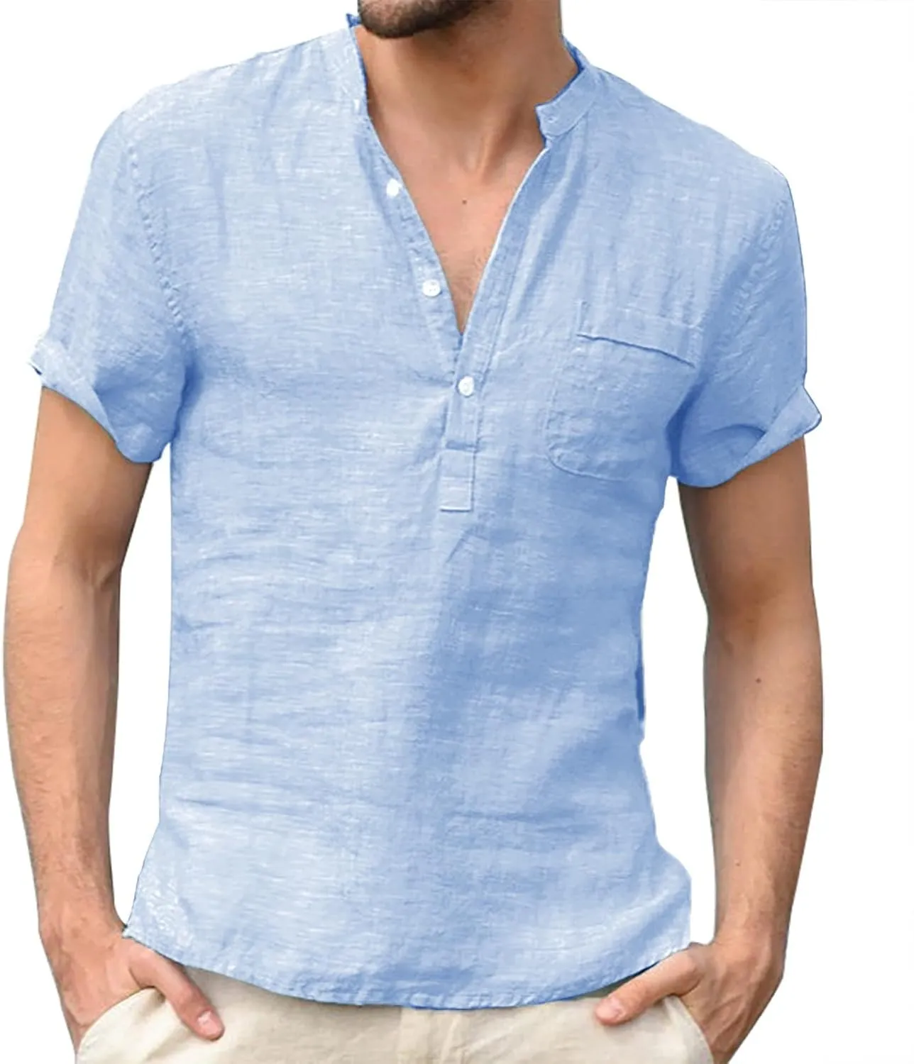 Men's Cotton Linen Tee Casual Short Sleeve V Neck Henley Shirt Quick Dry Breathable Wrinkle Summer Beach Hippie Shirts
