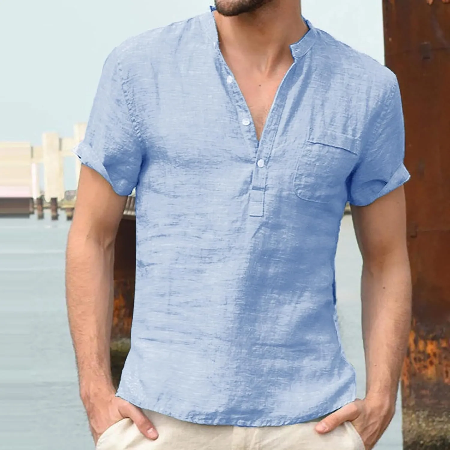 Men's Cotton Linen Tee Casual Short Sleeve V Neck Henley Shirt Quick Dry Breathable Wrinkle Summer Beach Hippie Shirts