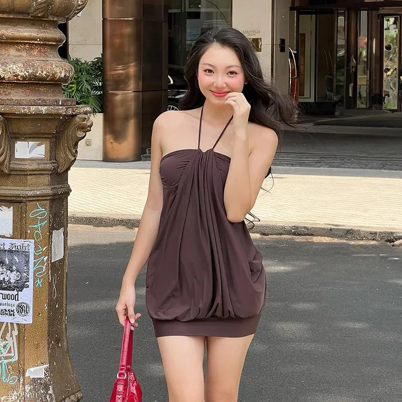 Metaversmall Sundress Y2k Clothes Woman Summer Outfit 2024 Fashion Sexy Ruched Halter Backless Mini Dresses P16-BE20