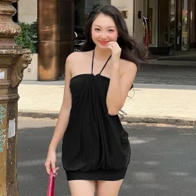 Metaversmall Sundress Y2k Clothes Woman Summer Outfit 2024 Fashion Sexy Ruched Halter Backless Mini Dresses P16-BE20