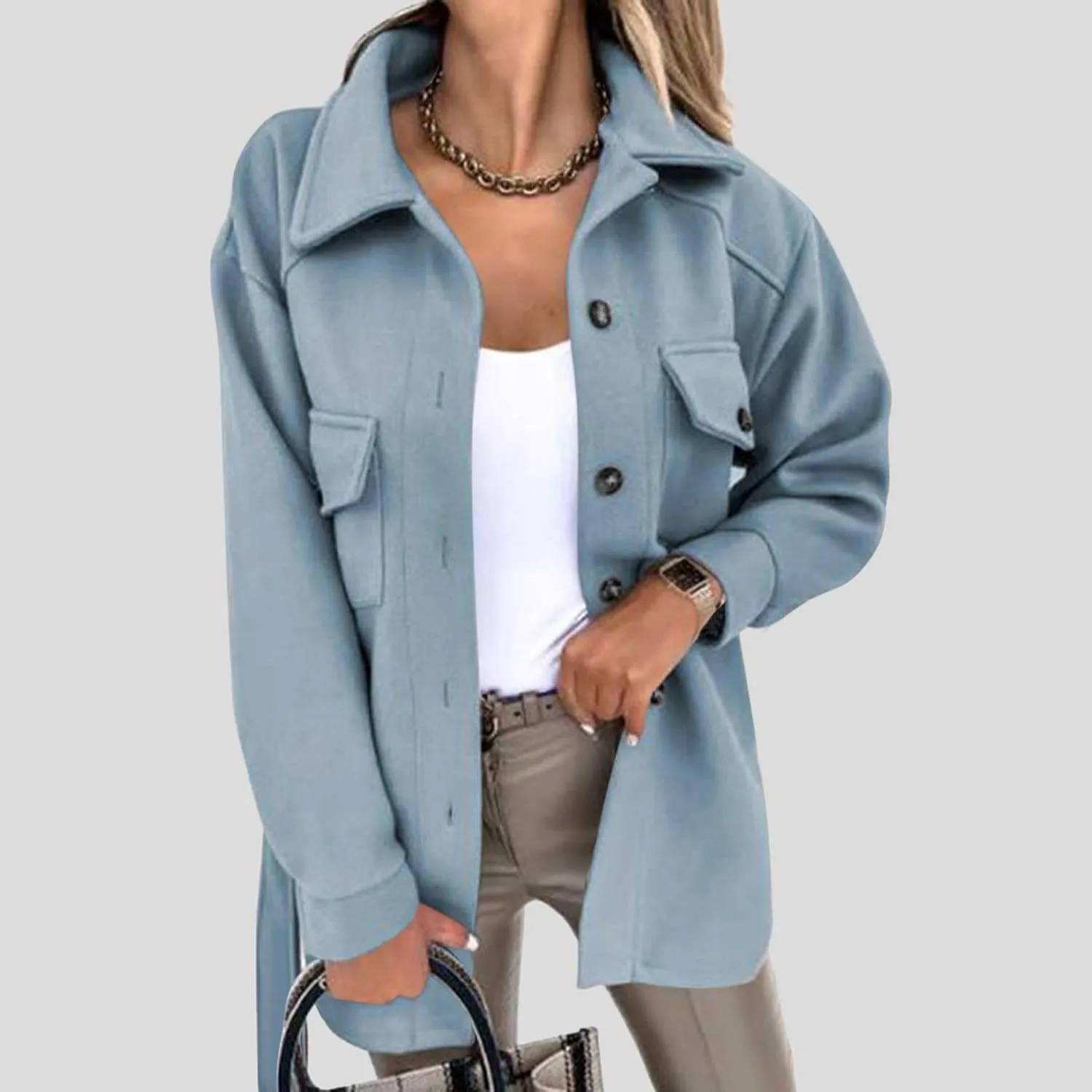 Mzkdieey Women's Winter Wool Blend Coats Lapel Long Sleeve Button Down Pea Coat Oversized Soft Comfy Shirt Jacket with Belt