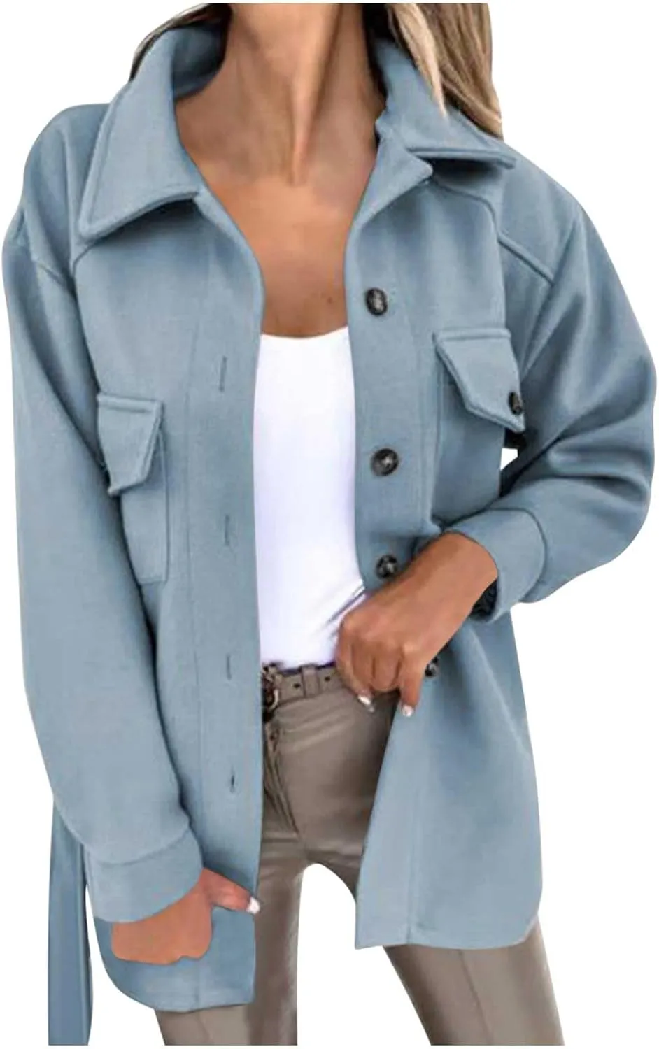 Mzkdieey Women's Winter Wool Blend Coats Lapel Long Sleeve Button Down Pea Coat Oversized Soft Comfy Shirt Jacket with Belt