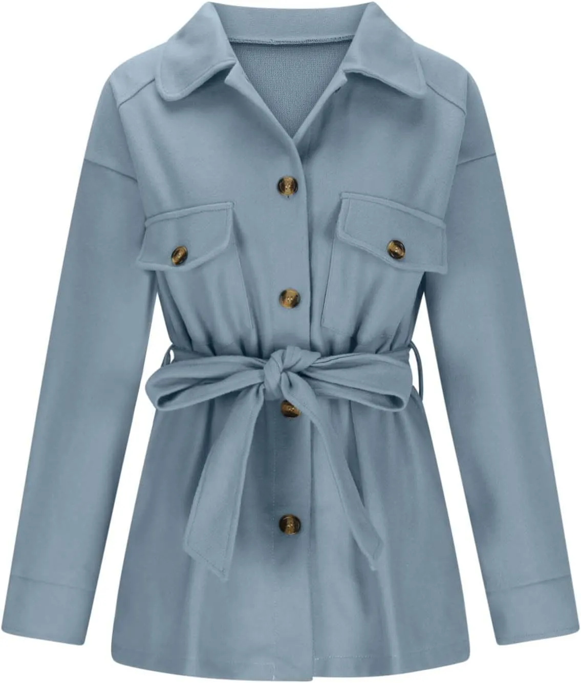 Mzkdieey Women's Winter Wool Blend Coats Lapel Long Sleeve Button Down Pea Coat Oversized Soft Comfy Shirt Jacket with Belt