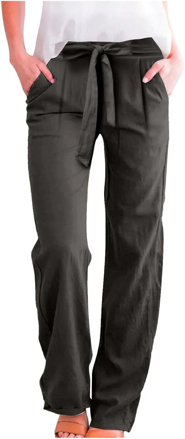 NBXNZWF Women's Cotton Linen Pants Casual Straight Leg Trousers Elastic Waist Lightweight Relaxed Fit Pants with Pockets