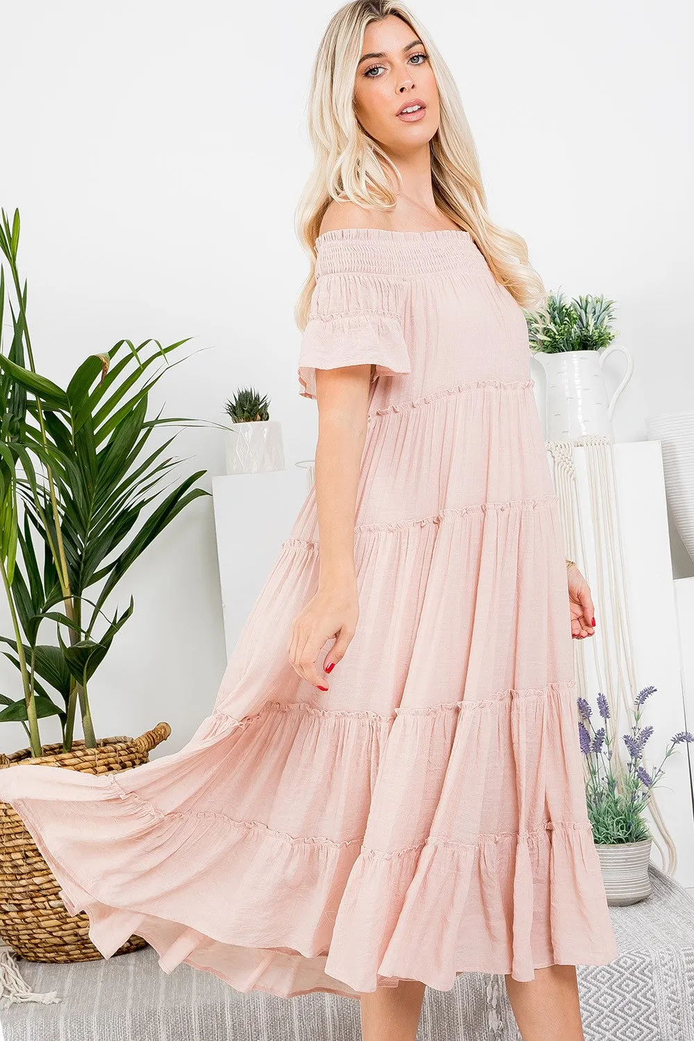 Off Shoulder Tiered Midi Dress in Neutral