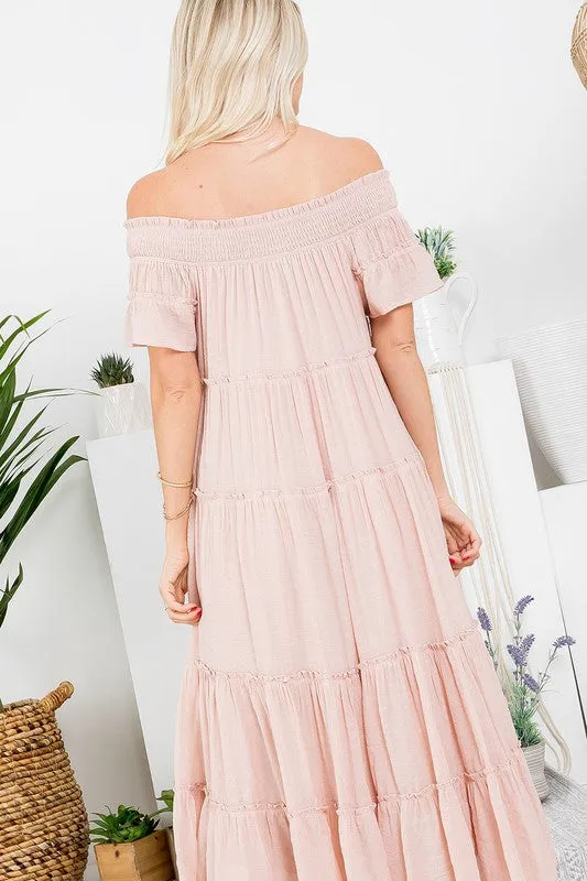 Off Shoulder Tiered Midi Dress in Neutral