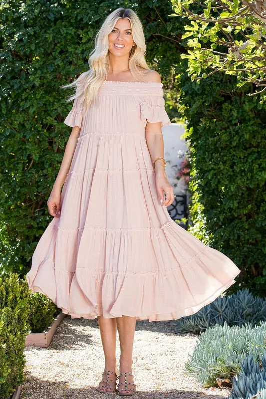 Off Shoulder Tiered Midi Dress in Neutral