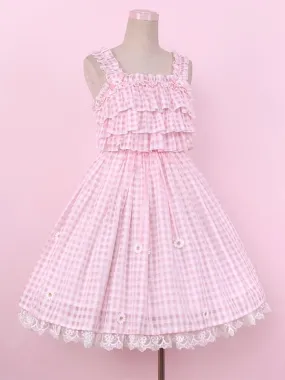 Pink Cottagecore Gingham Sundress Daisy Lace Trim Plaid Lolita Jumper Skirt