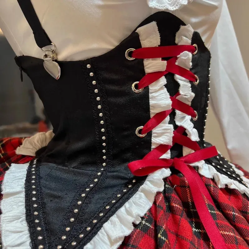 Plaid Pattern Gothic Dress Set Ruffle Skirt
