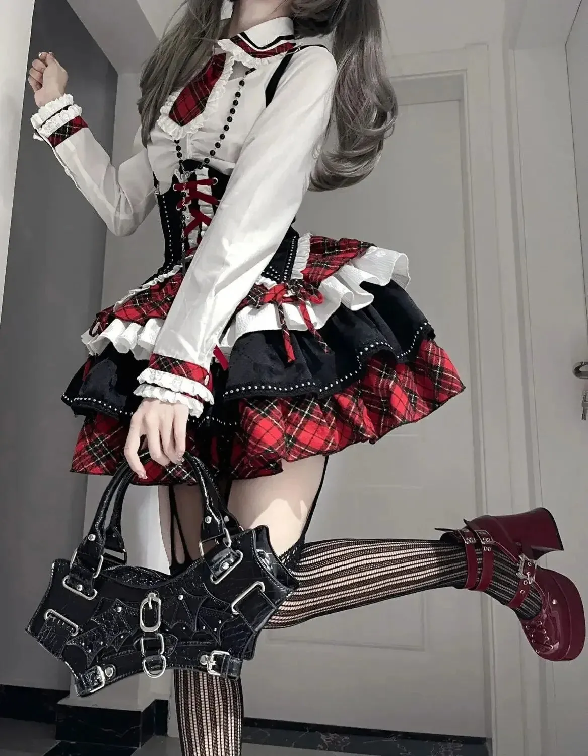 Plaid Pattern Gothic Dress Set Ruffle Skirt