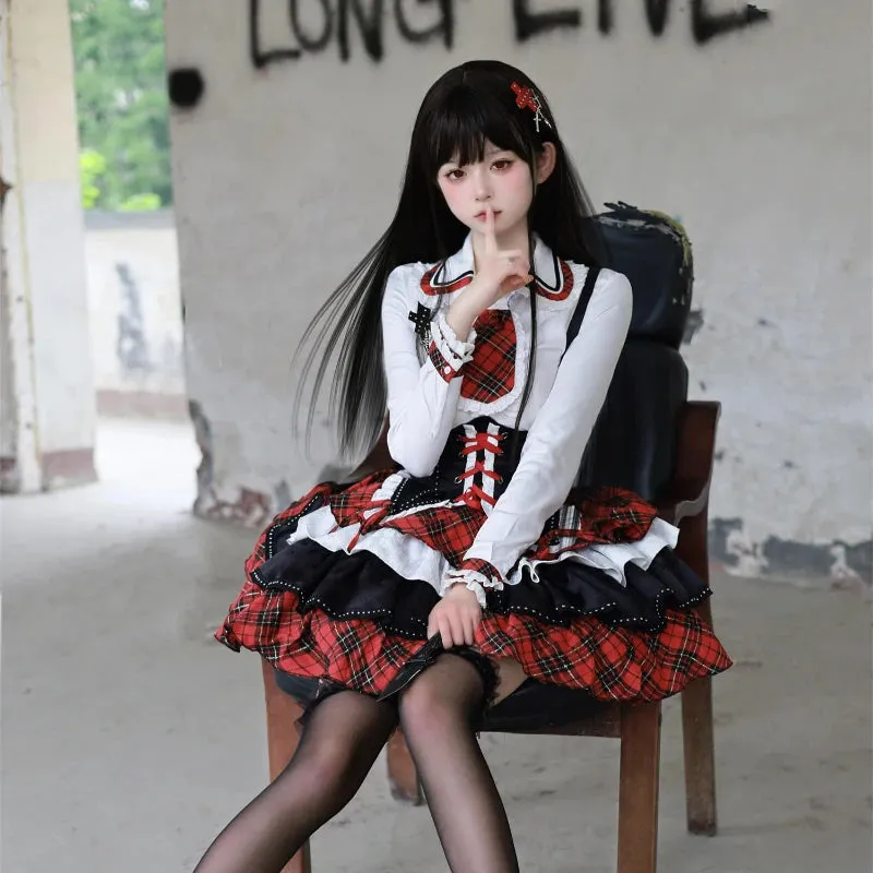 Plaid Pattern Gothic Dress Set Ruffle Skirt
