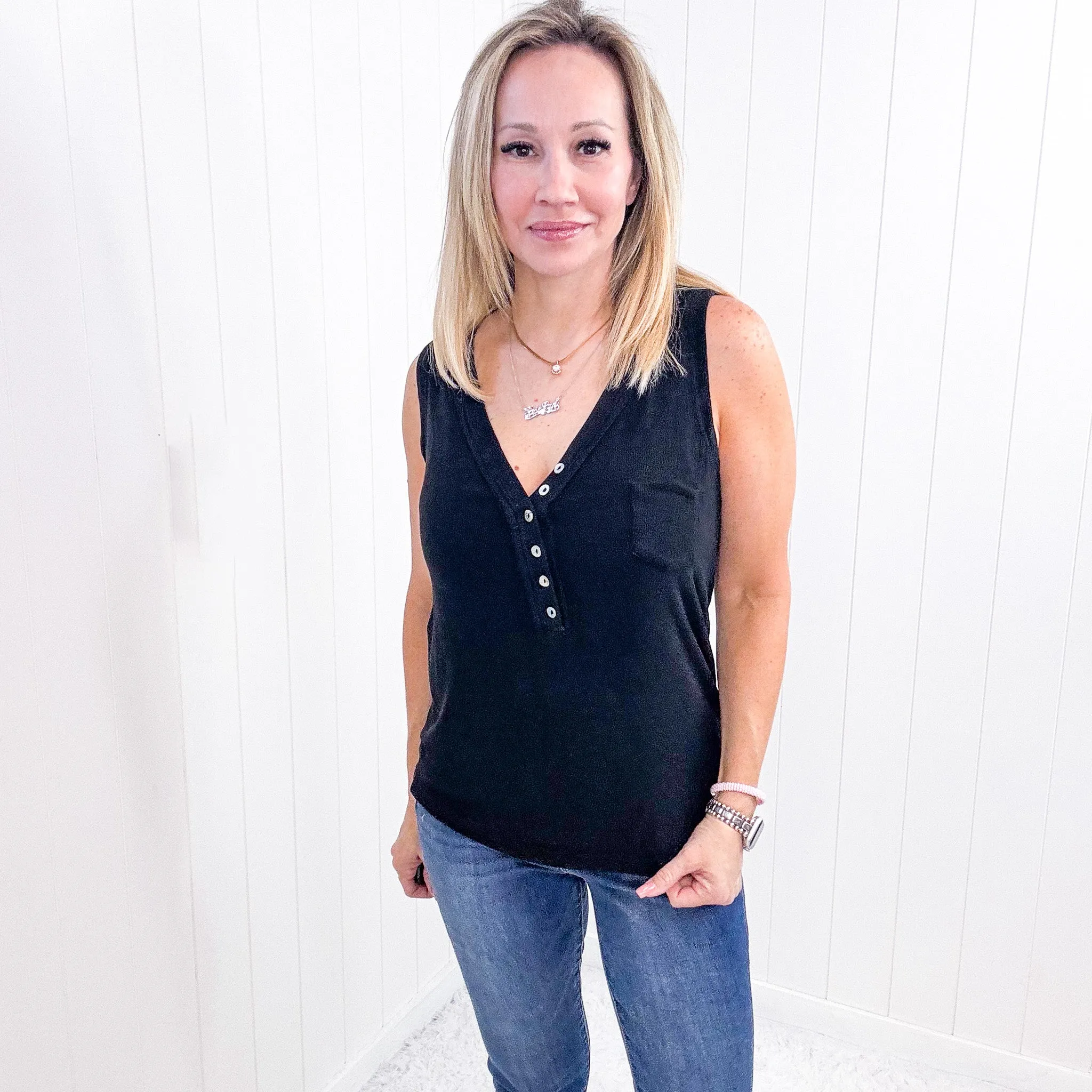Pol Black Soft Loose Knit Ribbed Tank Top
