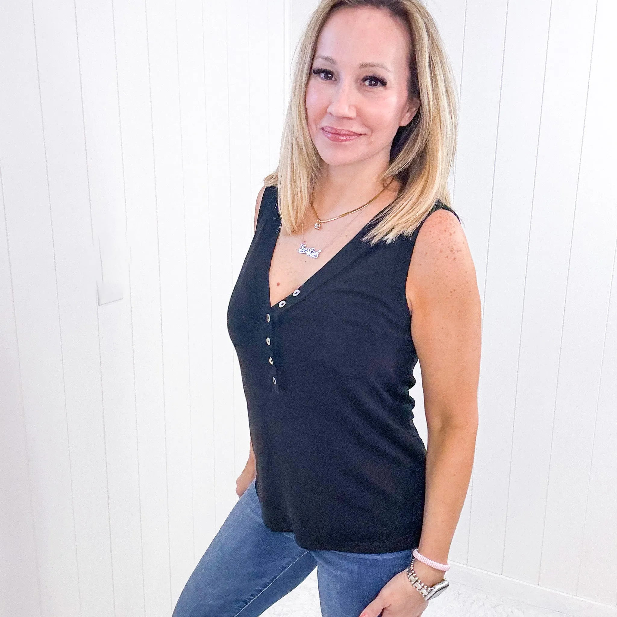 Pol Black Soft Loose Knit Ribbed Tank Top