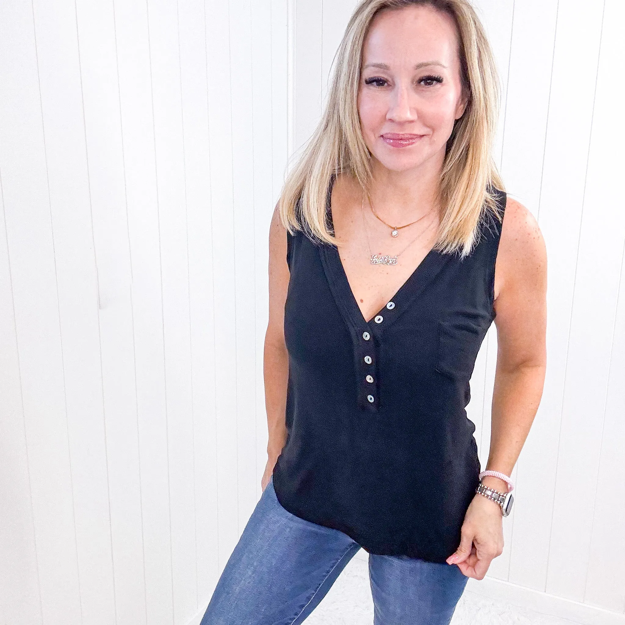 Pol Black Soft Loose Knit Ribbed Tank Top