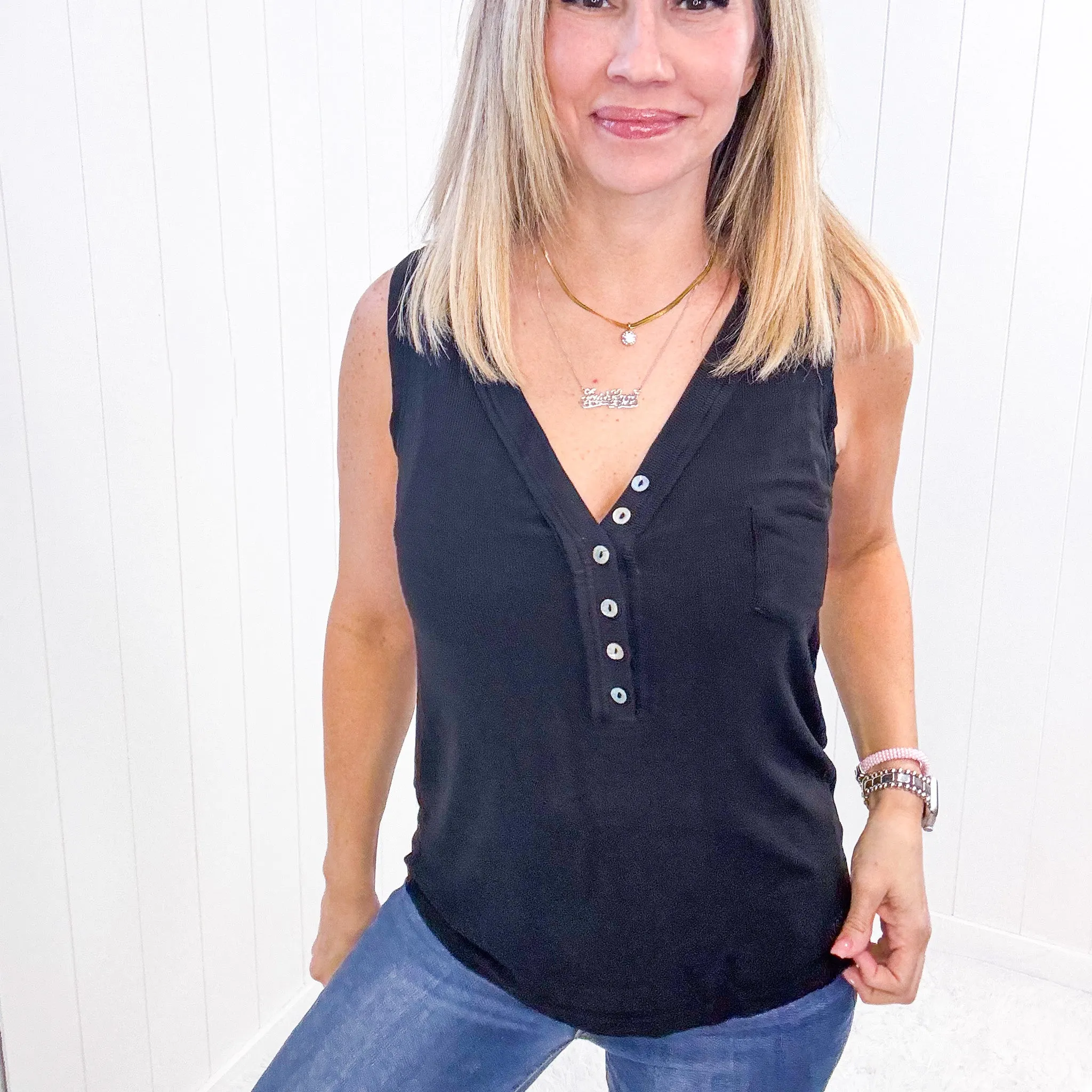 Pol Black Soft Loose Knit Ribbed Tank Top