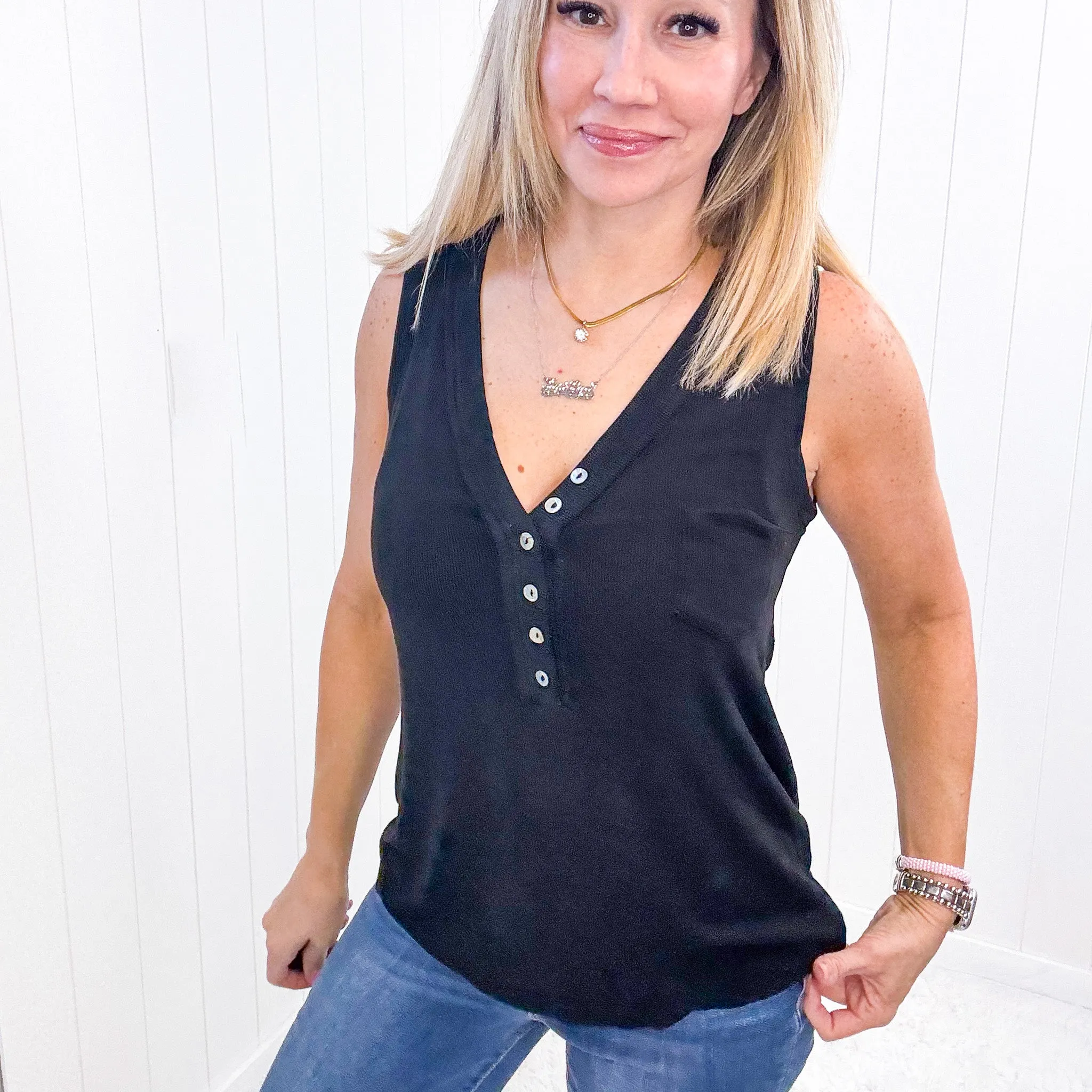 Pol Black Soft Loose Knit Ribbed Tank Top