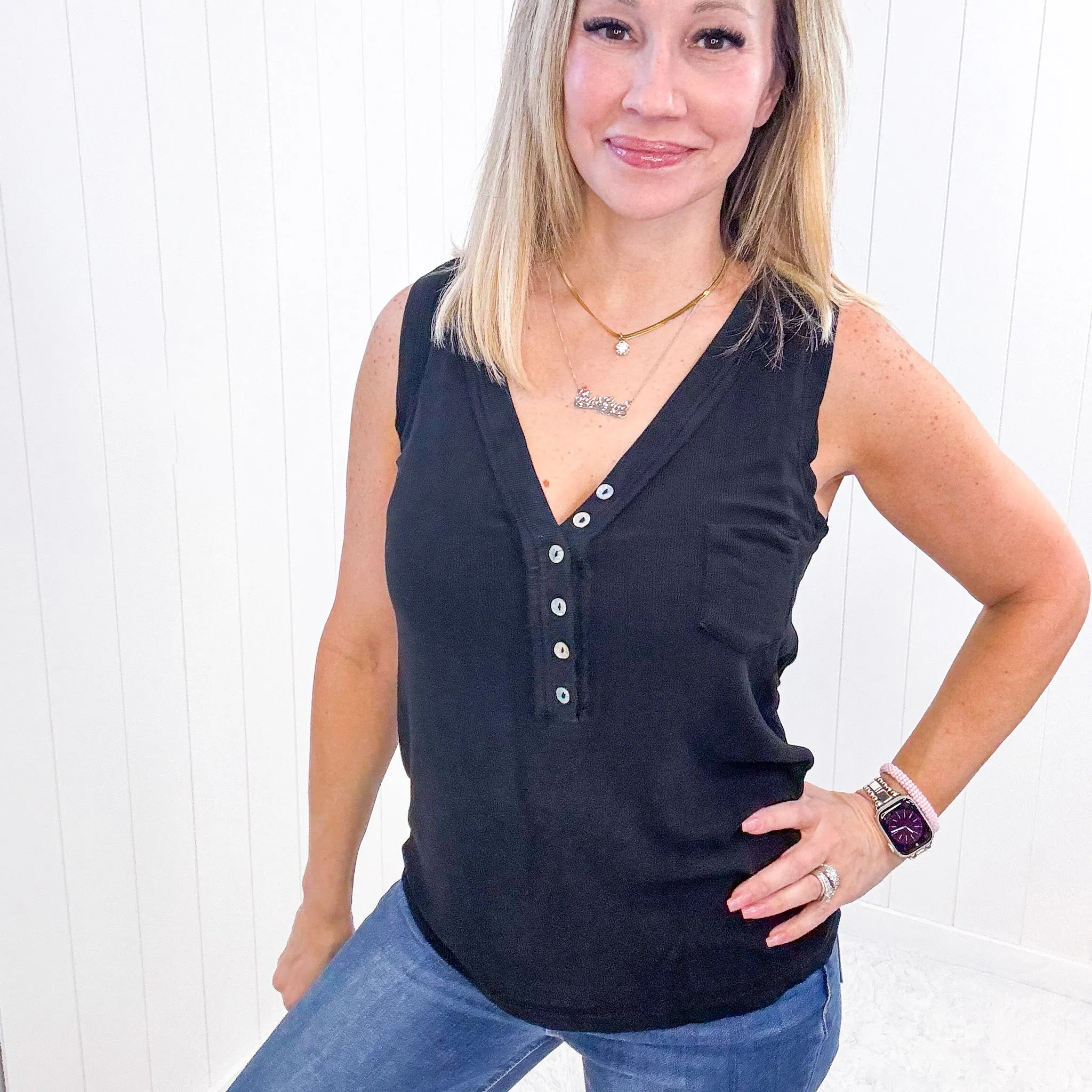 Pol Black Soft Loose Knit Ribbed Tank Top