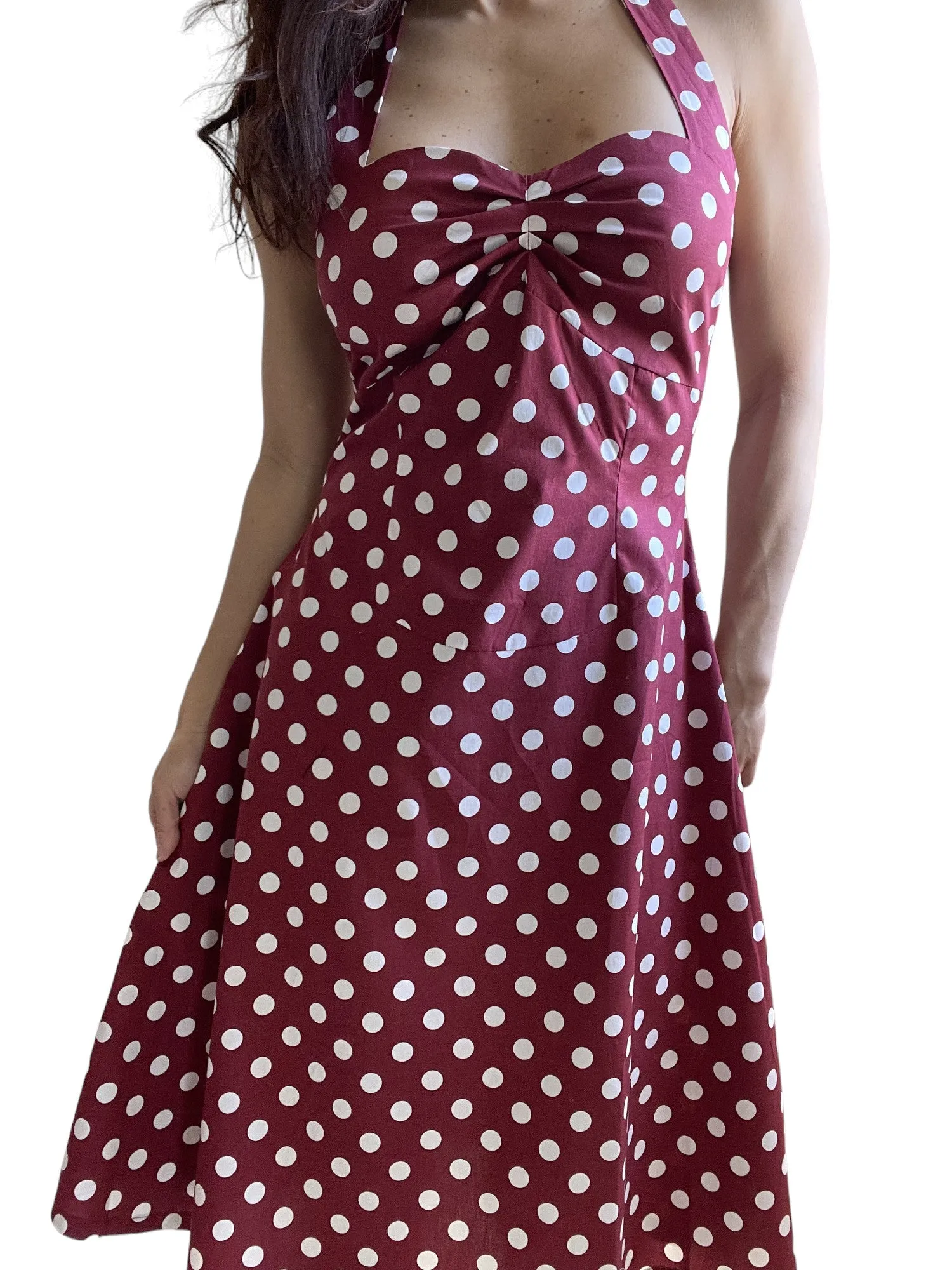 Red Polka Dot Cotton A-Line Halter Midi Summer Beach Dress - Casual Fit and Flare Sundress