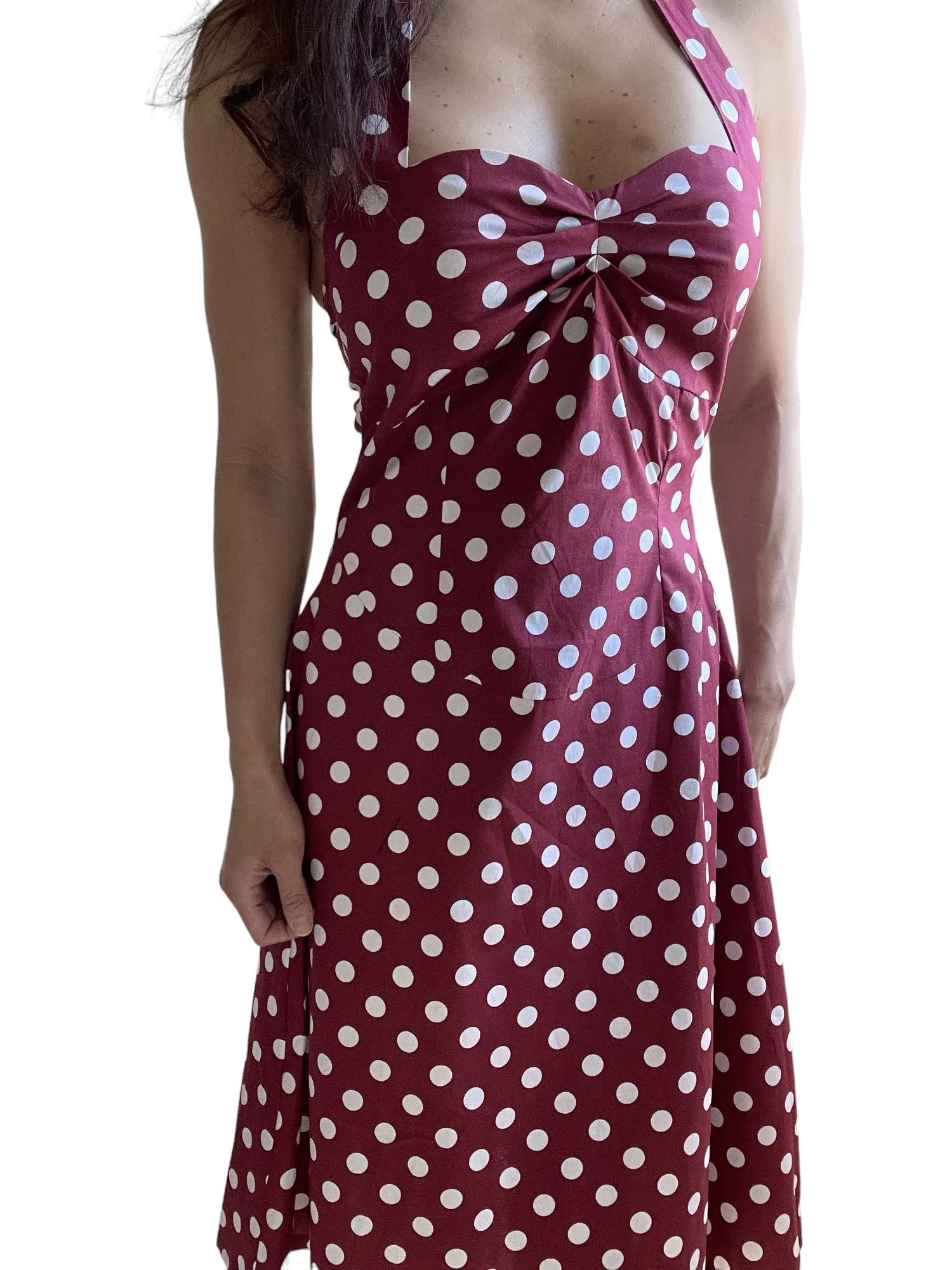 Red Polka Dot Cotton A-Line Halter Midi Summer Beach Dress - Casual Fit and Flare Sundress
