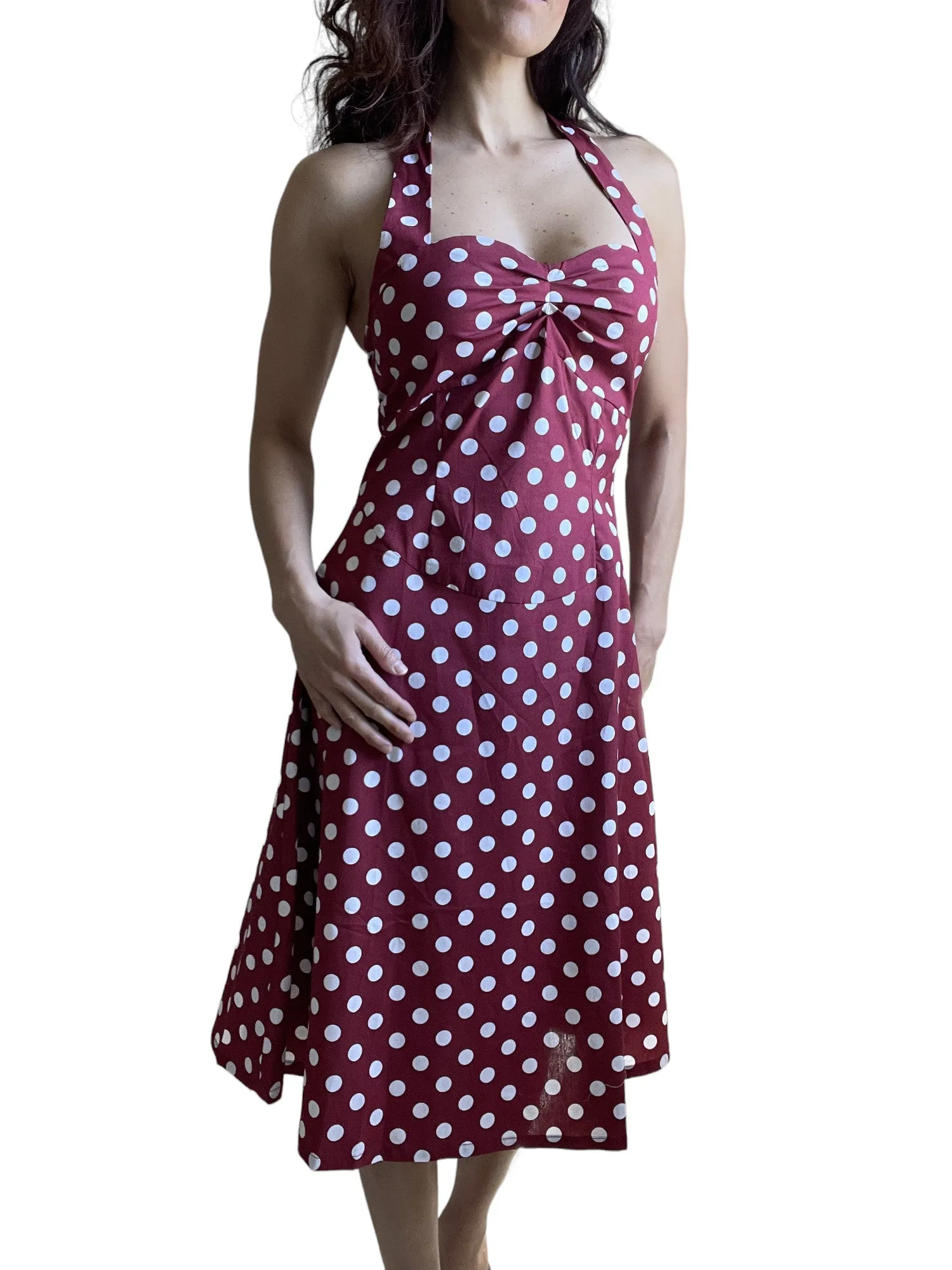 Red Polka Dot Cotton A-Line Halter Midi Summer Beach Dress - Casual Fit and Flare Sundress