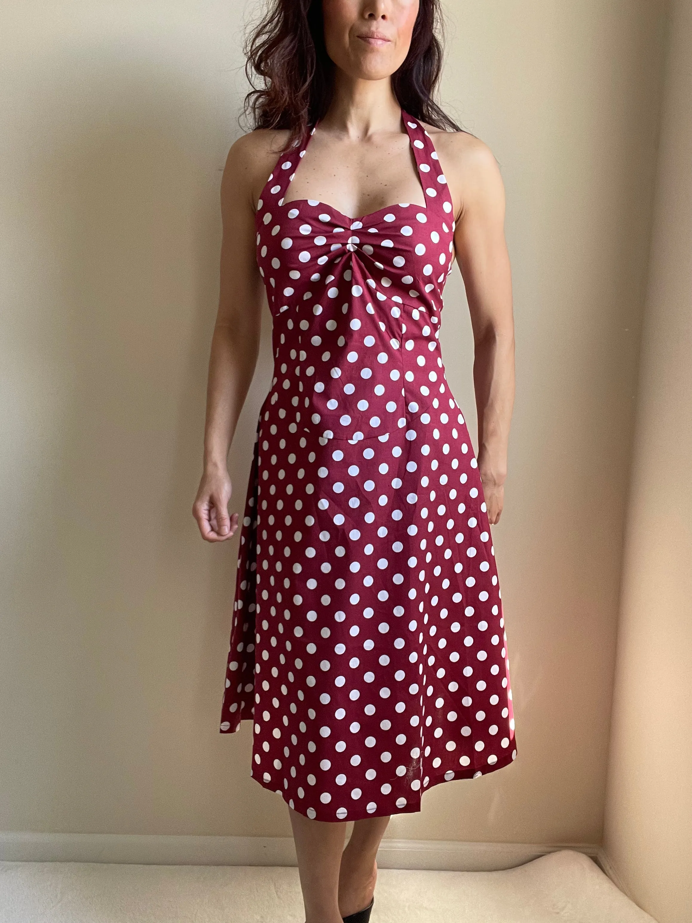 Red Polka Dot Cotton A-Line Halter Midi Summer Beach Dress - Casual Fit and Flare Sundress