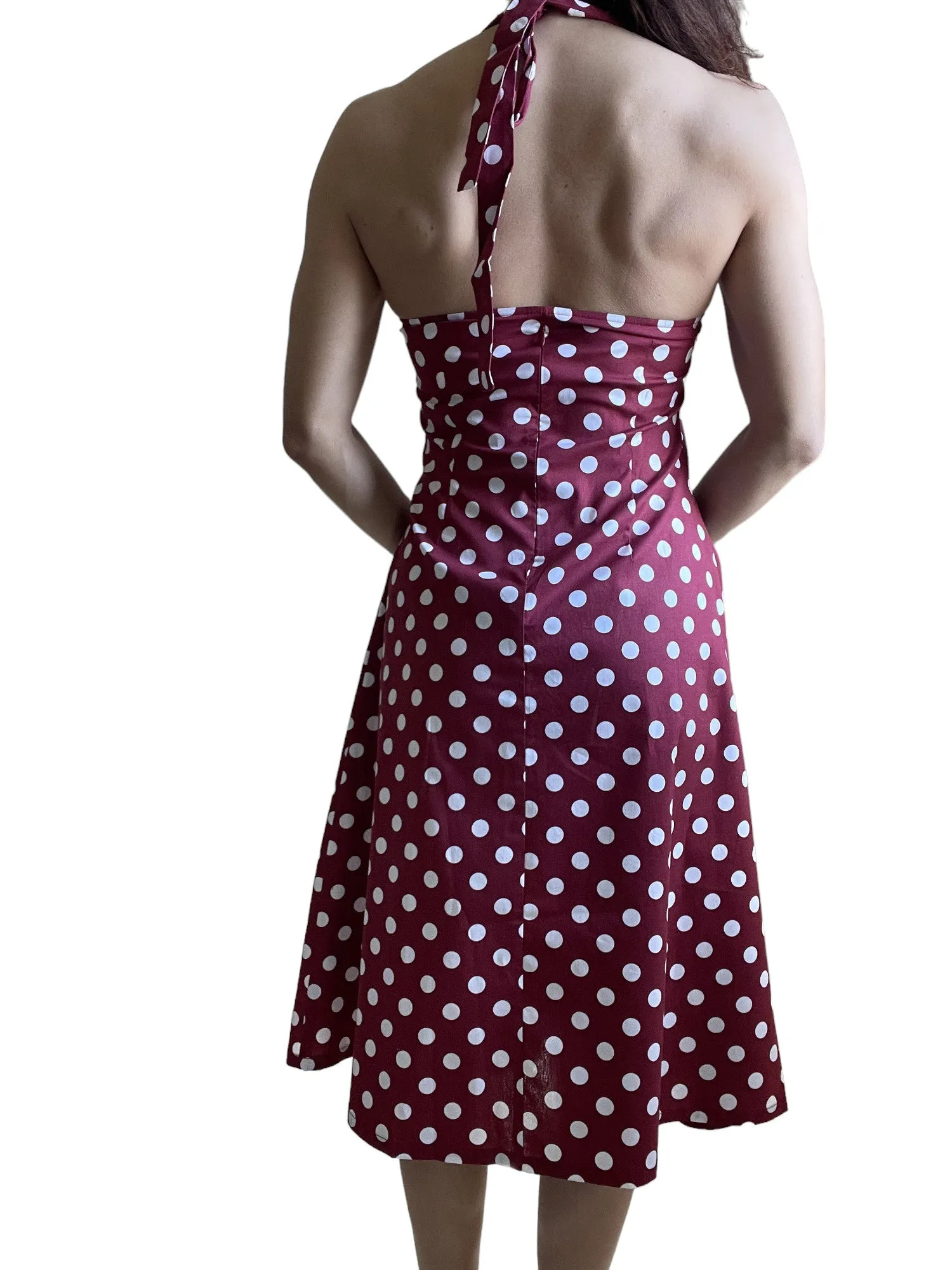 Red Polka Dot Cotton A-Line Halter Midi Summer Beach Dress - Casual Fit and Flare Sundress