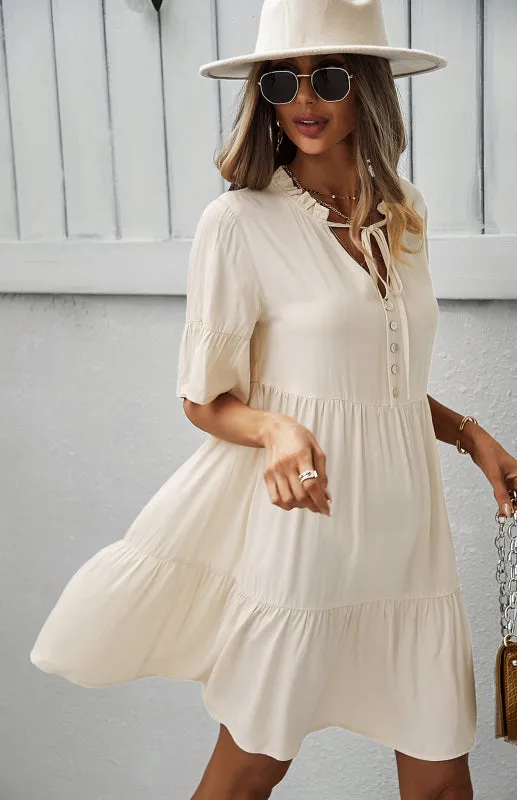 Relaxed Elegance: V-Neck Ruffle Mini Dress - Hurry, Shop Now!