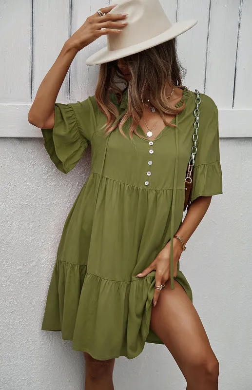 Relaxed Elegance: V-Neck Ruffle Mini Dress - Hurry, Shop Now!