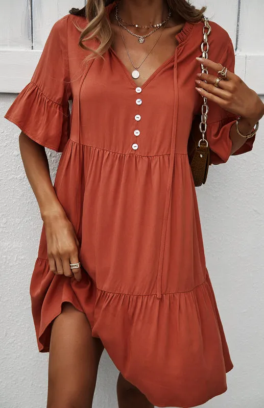Relaxed Elegance: V-Neck Ruffle Mini Dress - Hurry, Shop Now!