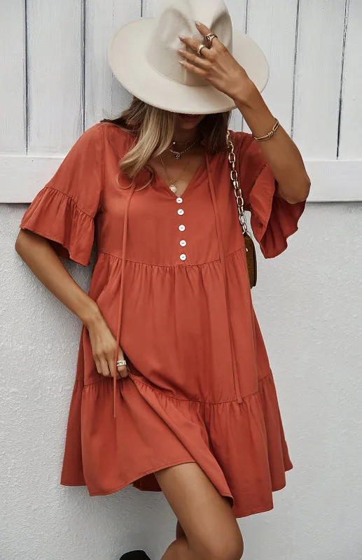 Relaxed Elegance: V-Neck Ruffle Mini Dress - Hurry, Shop Now!