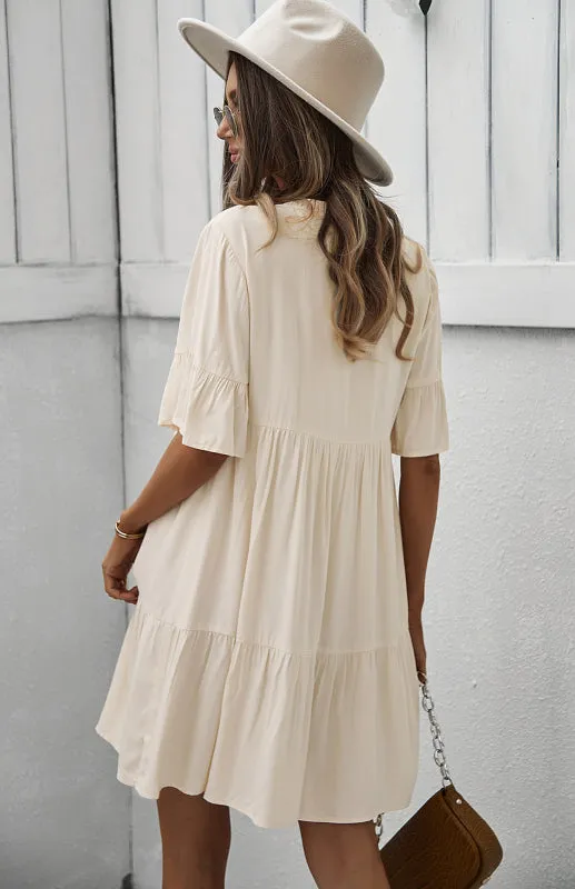 Relaxed Elegance: V-Neck Ruffle Mini Dress - Hurry, Shop Now!