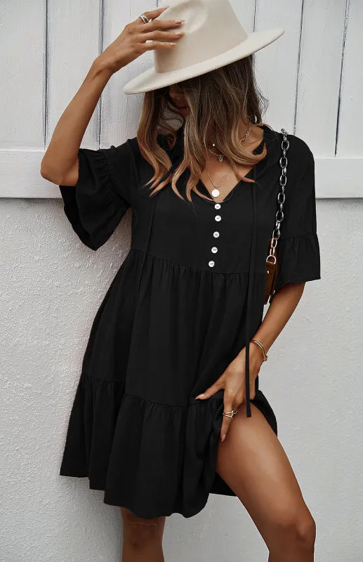 Relaxed Elegance: V-Neck Ruffle Mini Dress - Hurry, Shop Now!