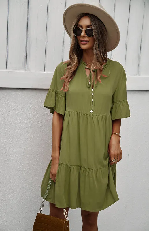 Relaxed Elegance: V-Neck Ruffle Mini Dress - Hurry, Shop Now!